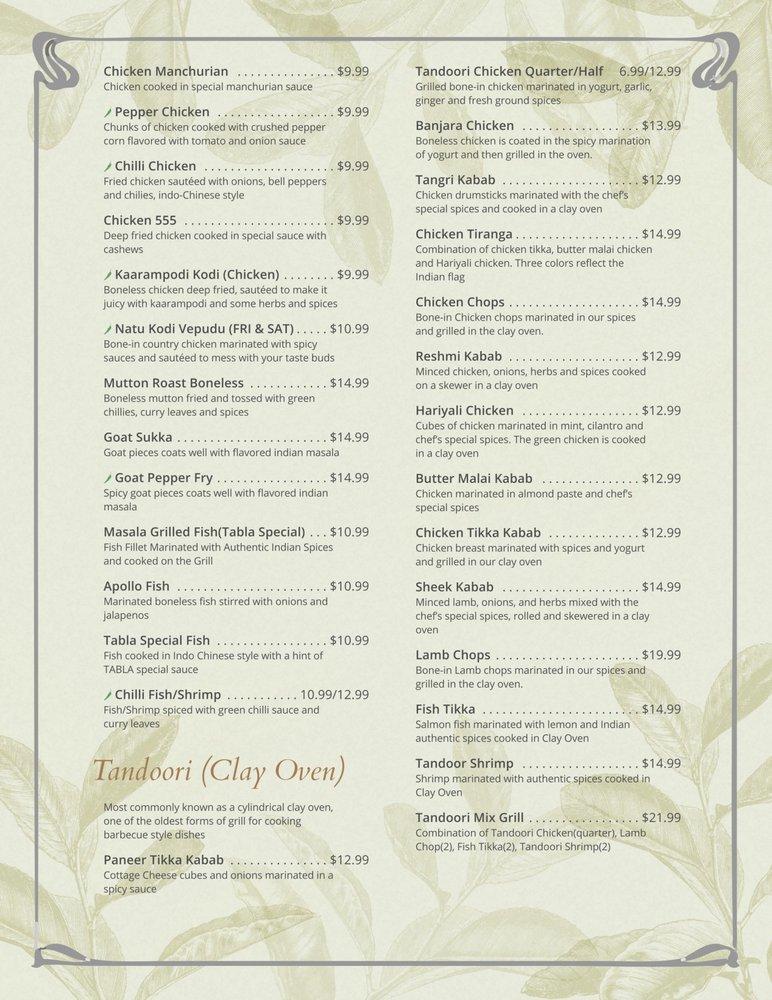 Menu at Tabla Indian Restaurant Charlotte, Charlotte