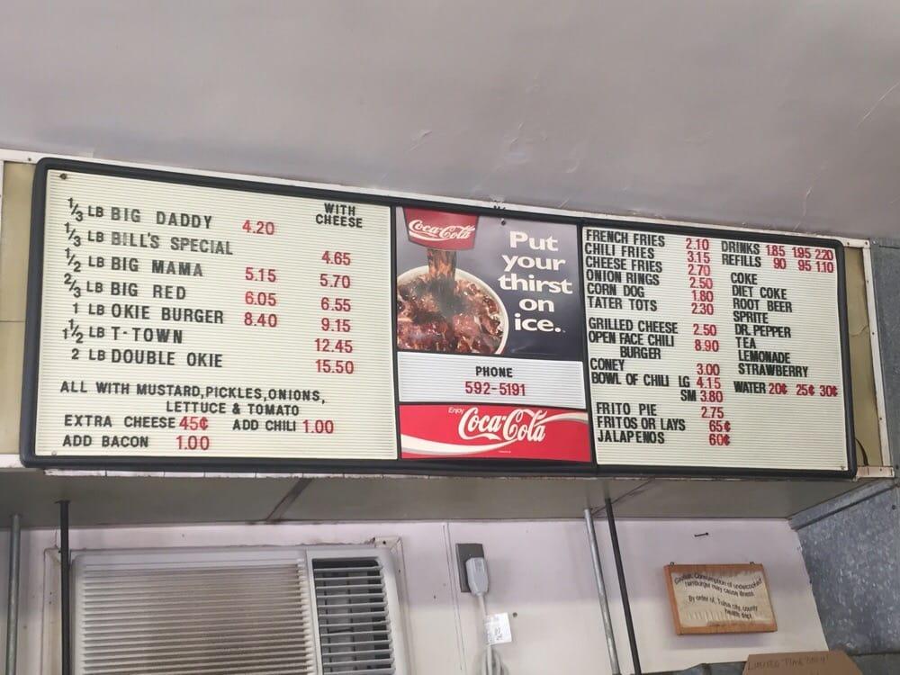 Menu at Bill's Jumbo Burgers fast food, Tulsa