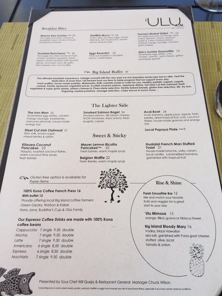 Menu at ULU Ocean Grill restaurant, Kalaoa