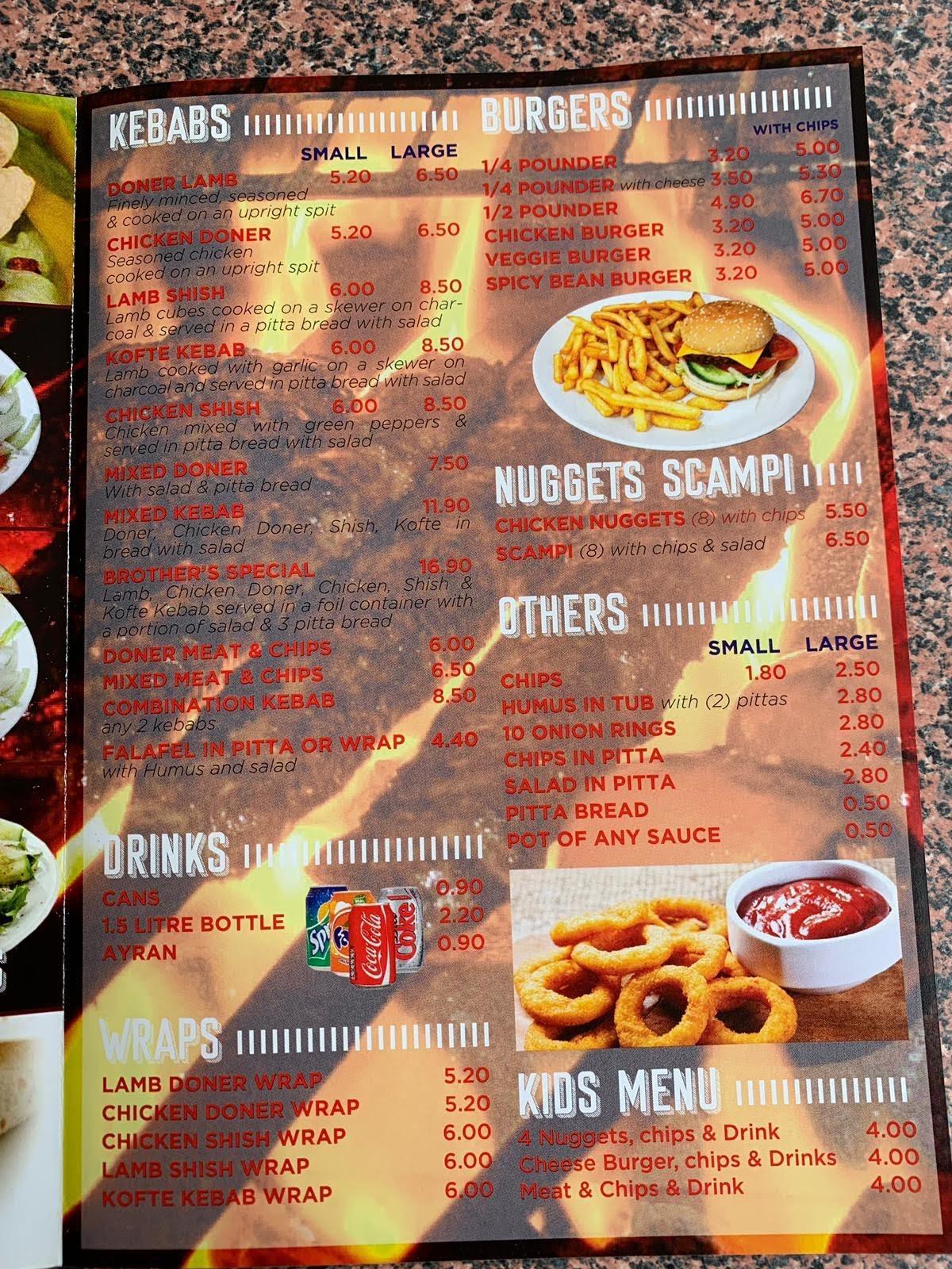 Menu at Brothers Kebab restaurant, London, 41 Oldfields Circus