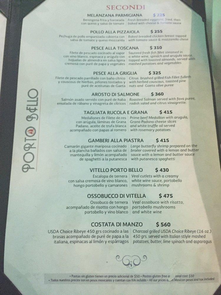 Menu at Porto Bello restaurant, Puerto Vallarta, C. Popa s/n