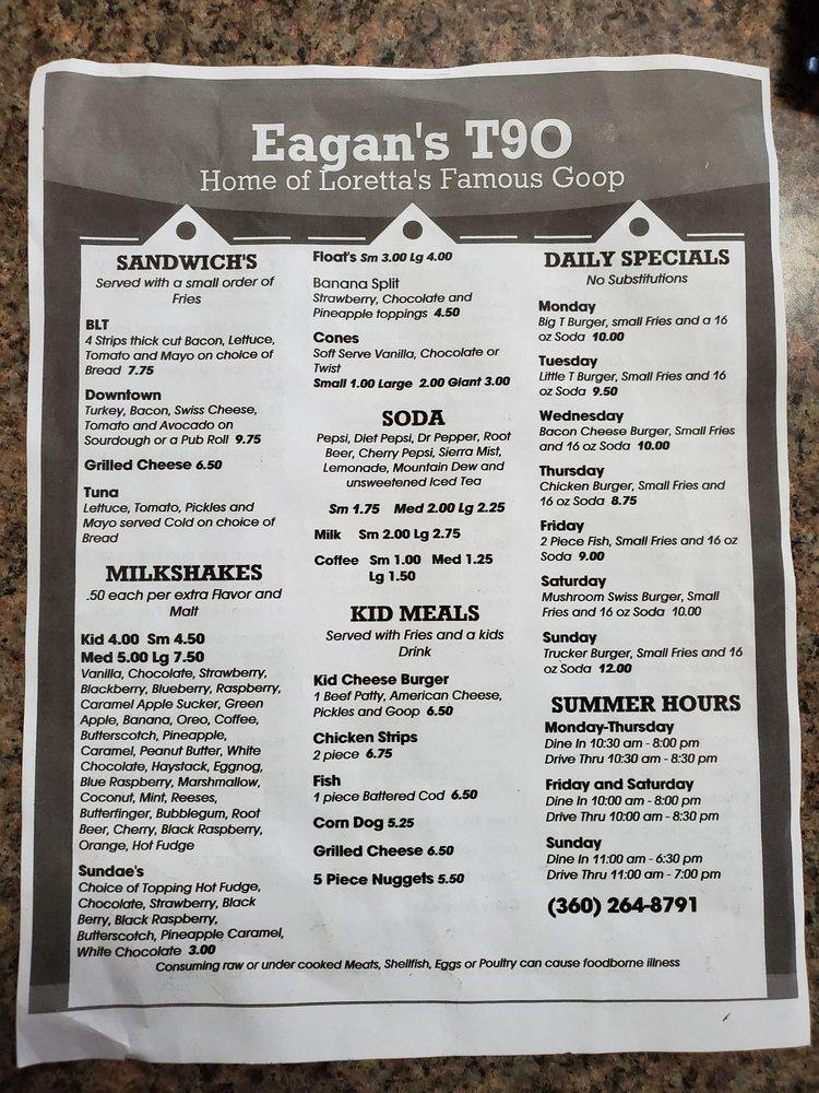 Menu at Eagans T90 restaurant, Tenino