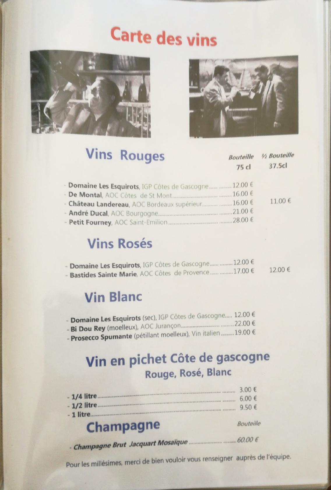 Menu au Restaurant Un Singe en Hiver, Laglorieuse