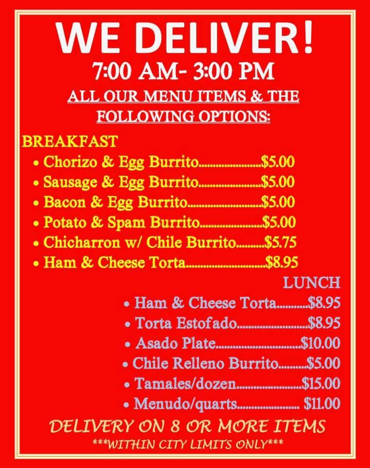 Menu at Abi's Kitchen restaurant, Pecos