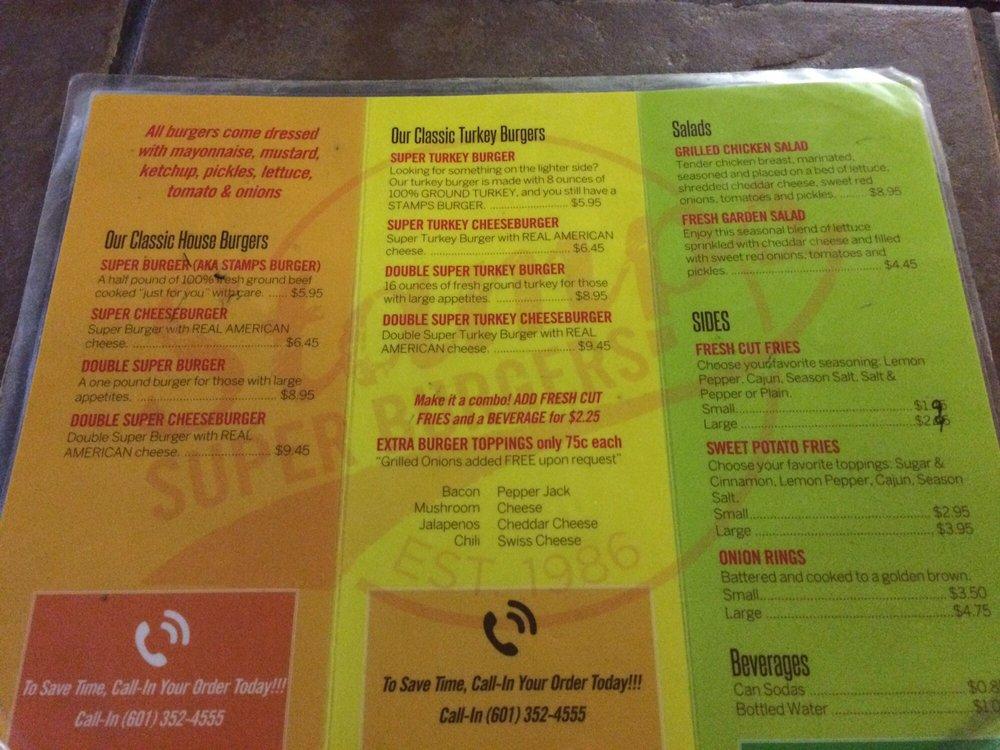 Menu at Stamps Super Burgers restaurant, Jackson, Dalton St