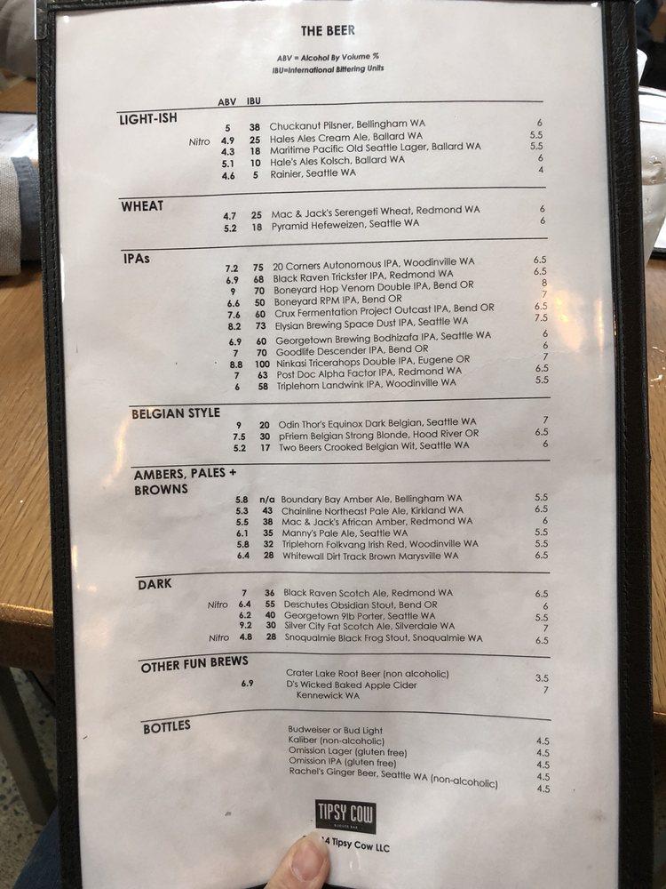 Menu at Tipsy Cow - Woodinville pub & bar, Woodinville