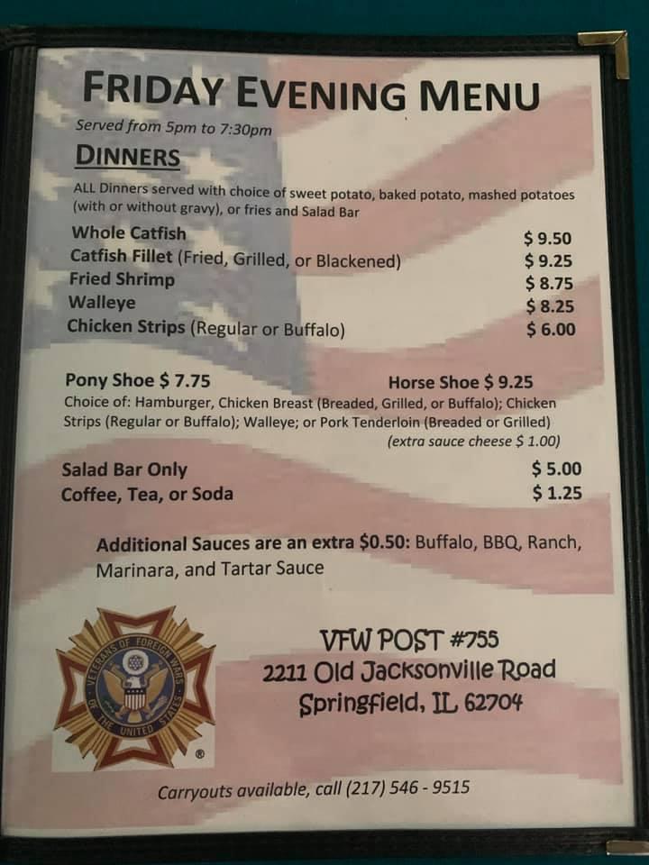 Menu at VFW Lafore Lock Post 755 pub & bar, Springfield