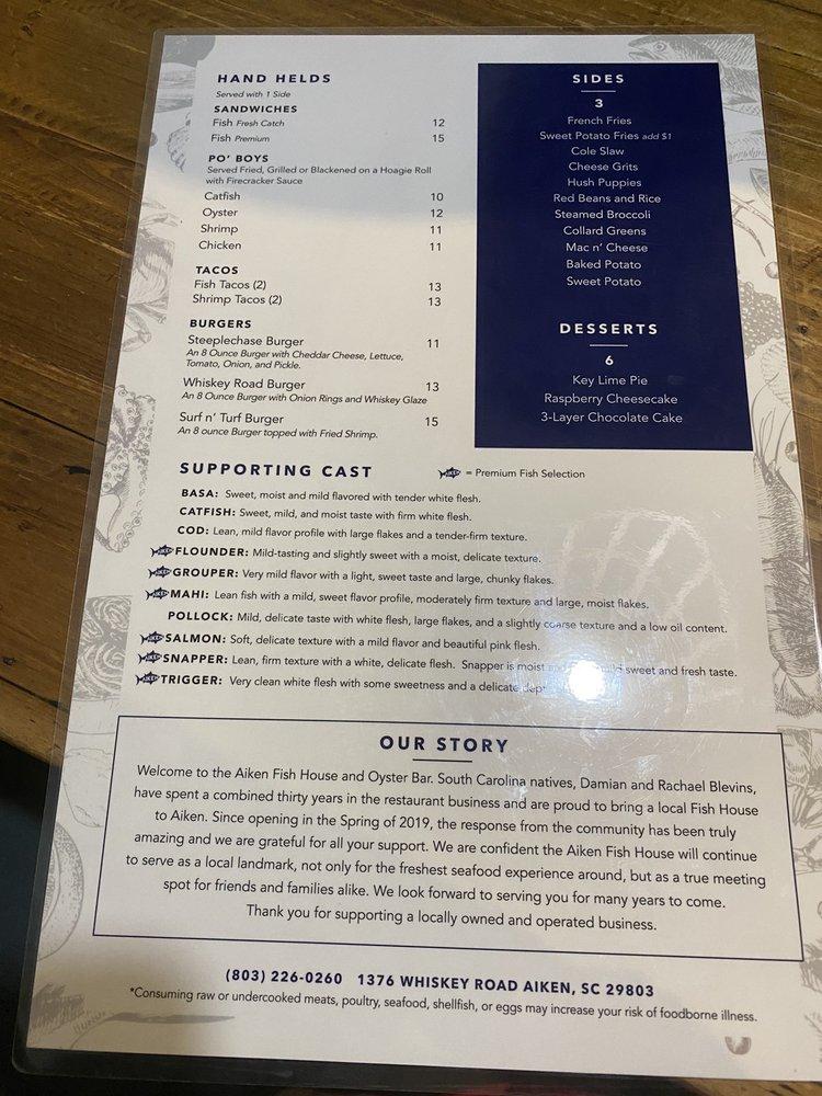 Menu at Aiken Fish House and Oyster Bar, Aiken