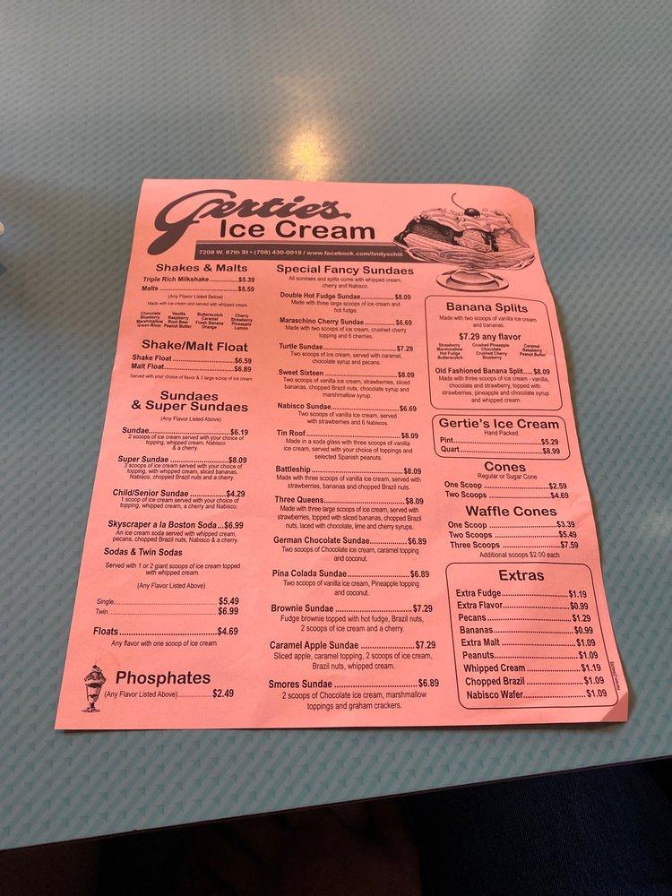 Menu at Lindy's Chili & Gertie's Ice Cream restaurant, Bridgeview, W