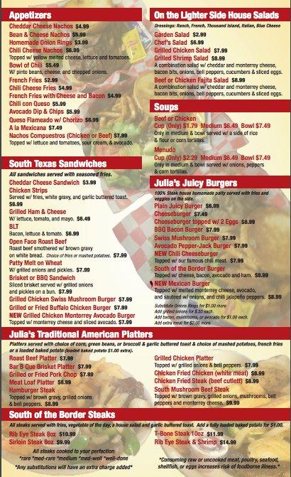 Menu at Julias Restaurant, Los Fresnos