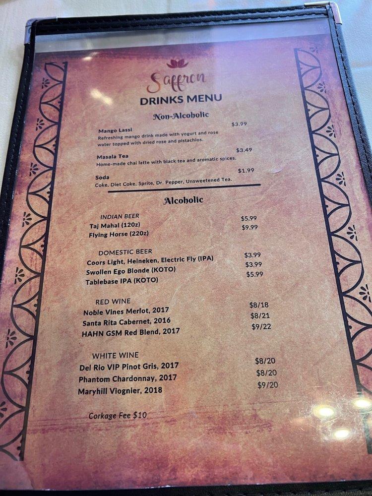 Menu at Saffron Twin Falls restaurant, Twin Falls