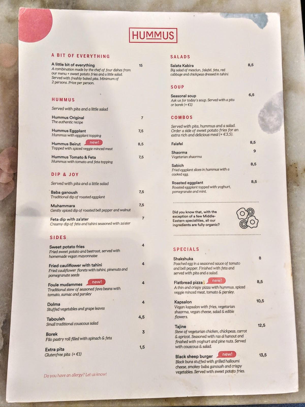 Menu at Hummus Delft, Delft