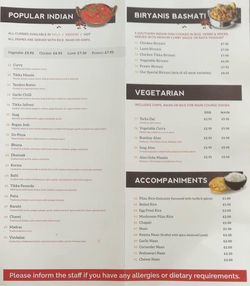 Menu at Spice Of India restaurant, Ballygawley