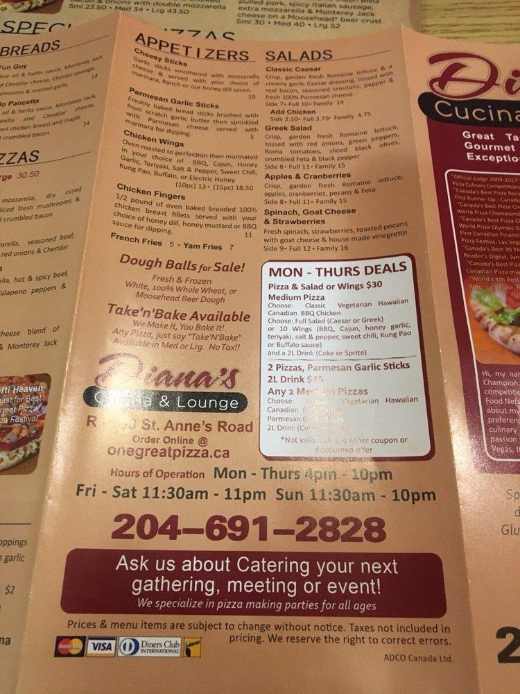 Menu at Diana's Cucina Pizza pizzeria, Winnipeg