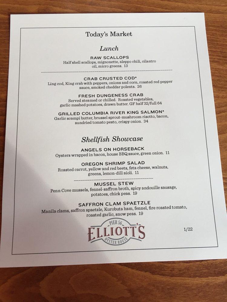 Menu at Elliott's Oyster House restaurant, Seattle