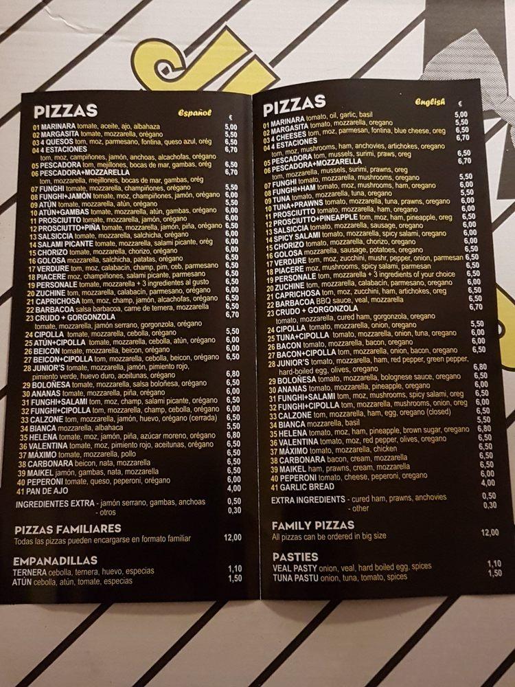 Carta de pizzería Junior's Pizza, Nerja