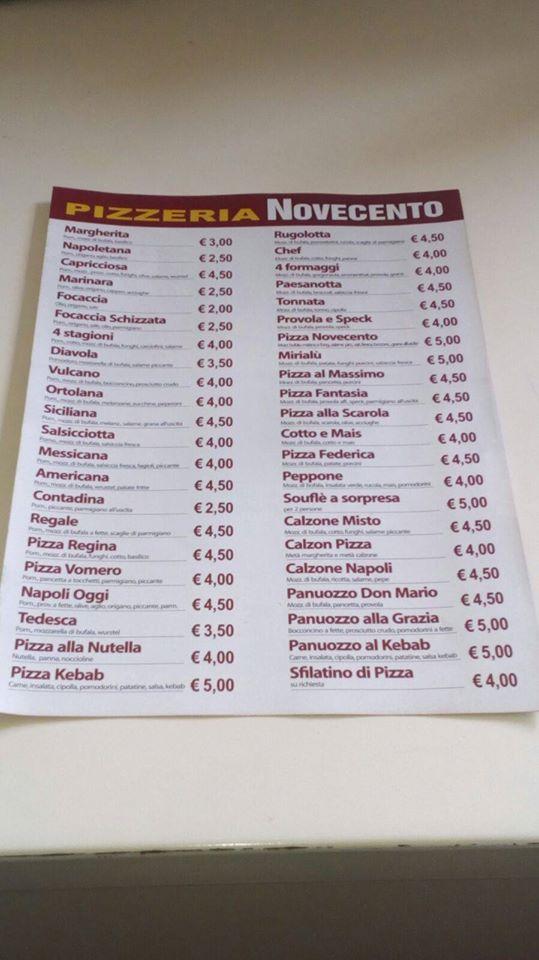 Carta de Pizzeria Novecento, Battipaglia, Via Rosa Jemma 179