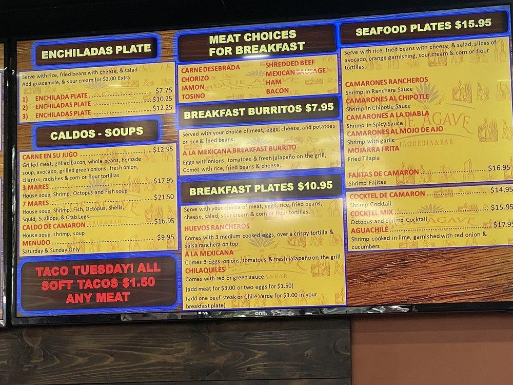 Carta de Blue Agave Taqueria & Bar, Sacramento