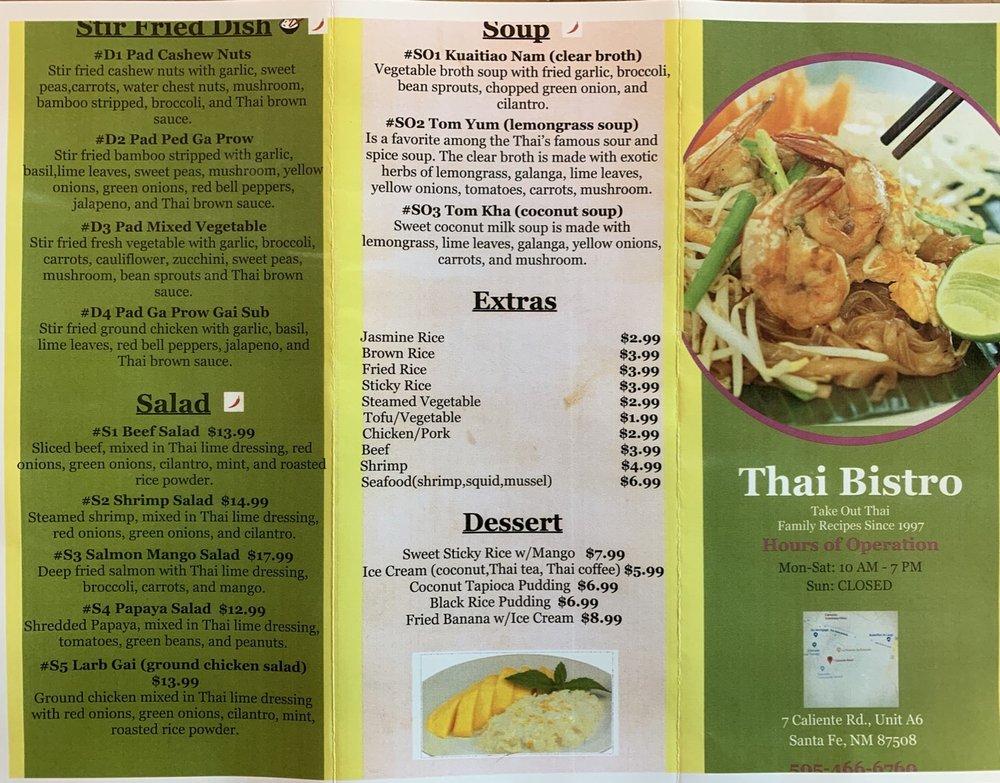 Menu at Thai Bistro restaurant, Eldorado at Santa Fe