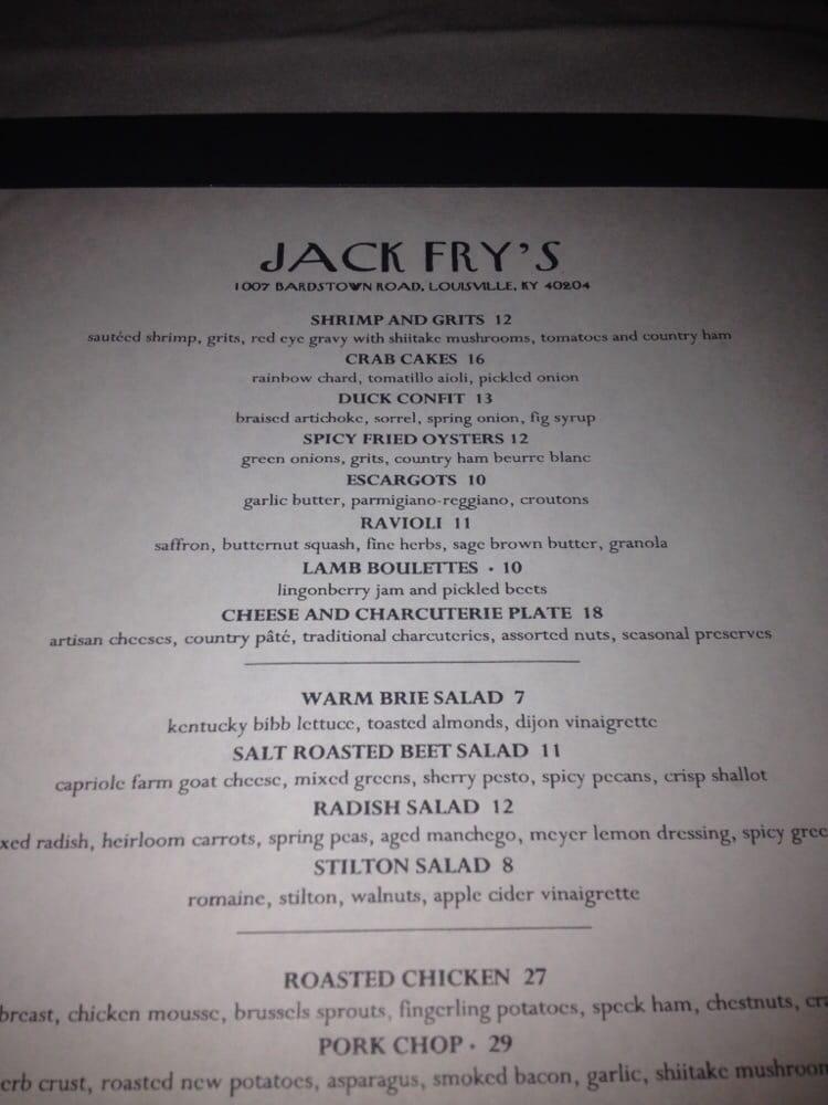 Menu at Jack Fry's restaurant, Louisville