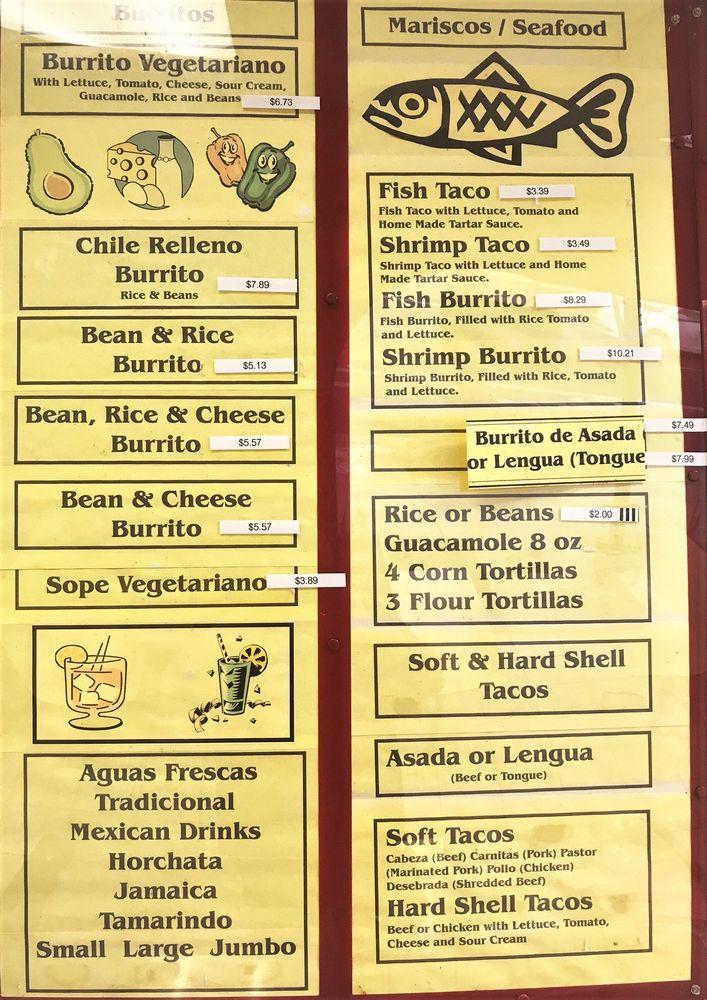 Menu at Tacos Jalisco restaurant, Ventura