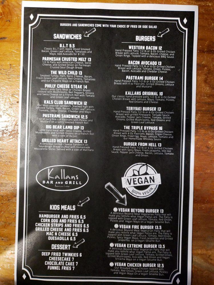 Menu at Kallans Bar And Grill, Big Bear