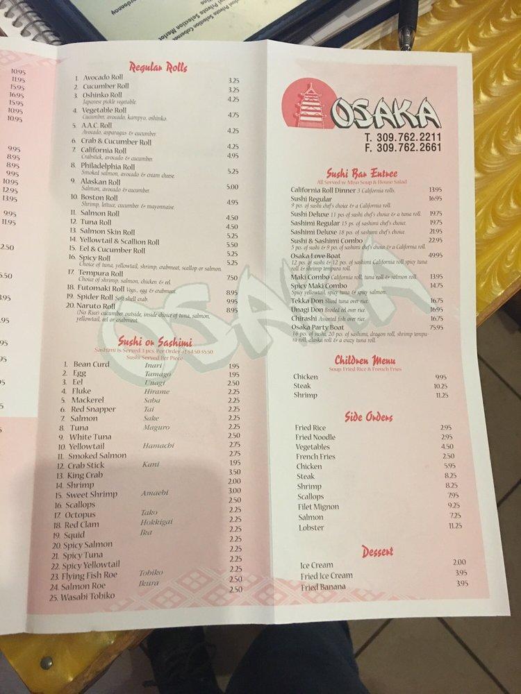 Menu at Osaka steakhouse, Moline, 16th St