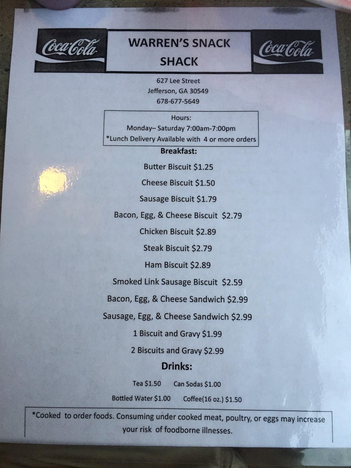 Menu at Warren's Breakfast & Grill restaurant, Braselton