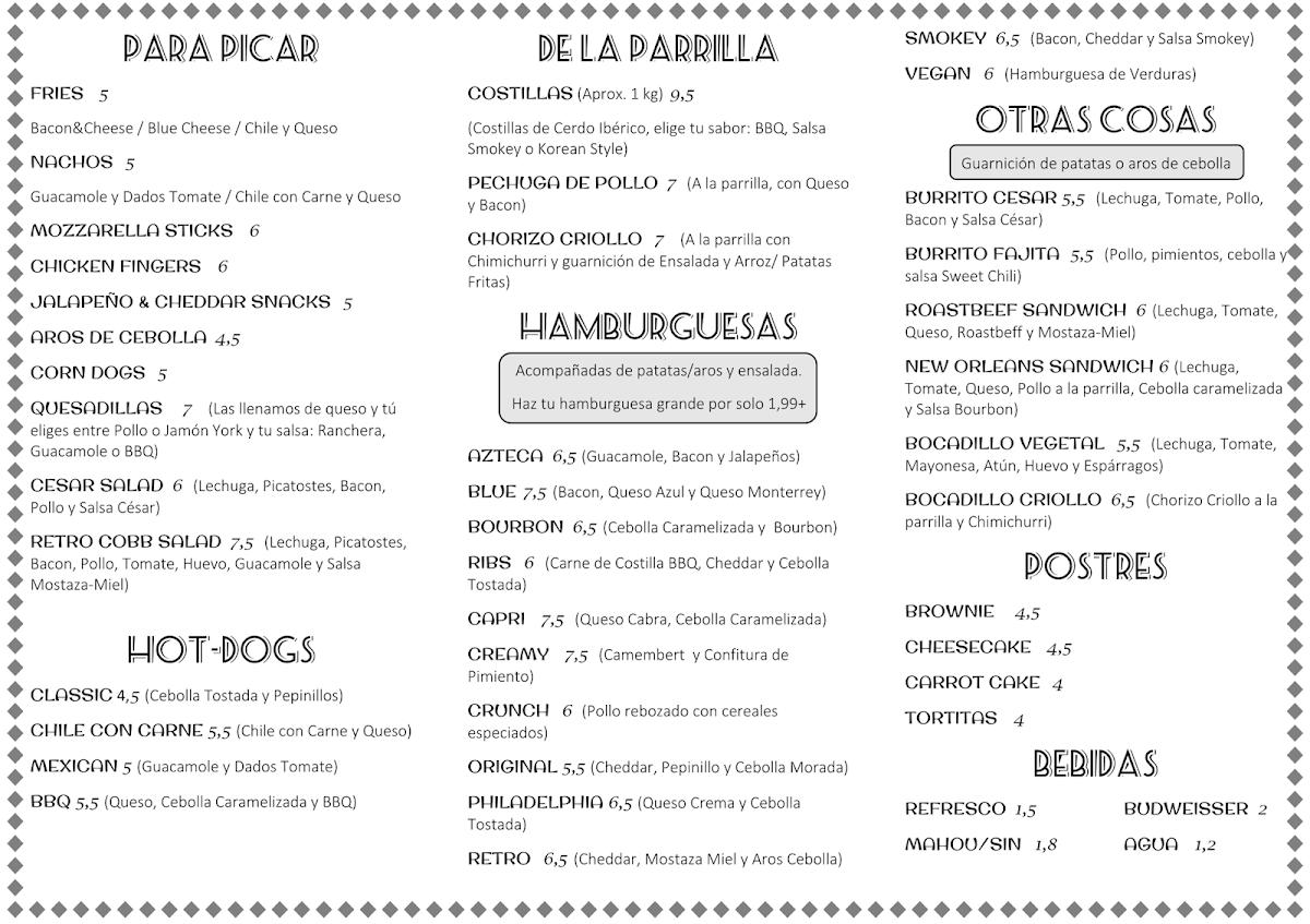 Menu at Retro 50´s American Diner restaurant, Aranjuez