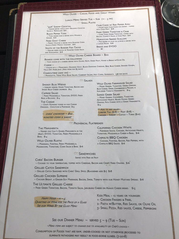 Menu at Wild Olives Market and Cafe, Rosemary Beach