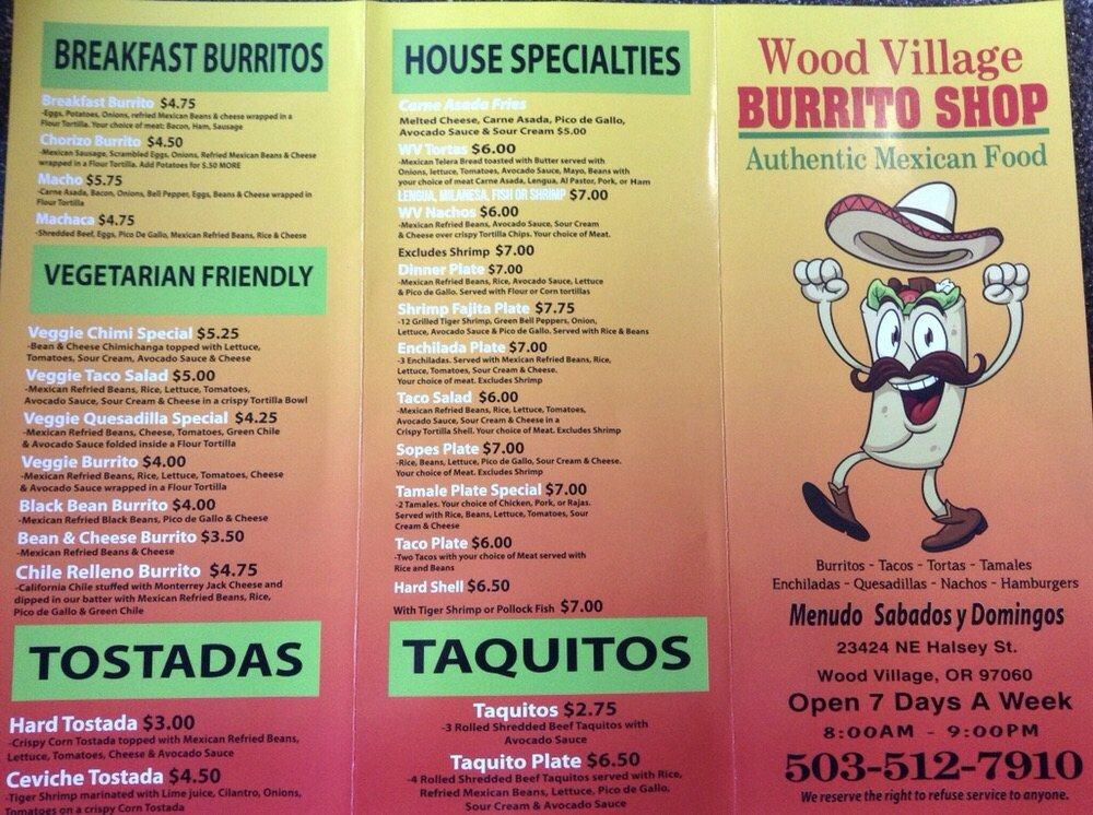 Menu at Wood Village Burrito Shop restaurant, Wood Village