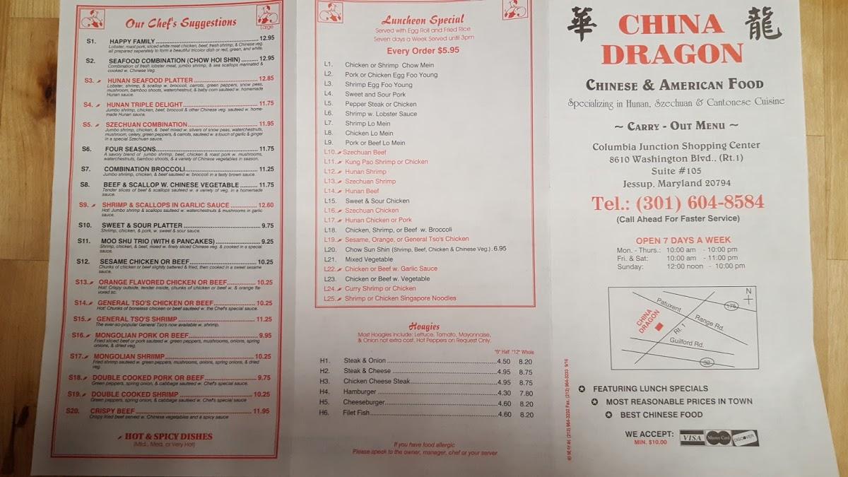 Menu at China Dragon restaurant, Jessup