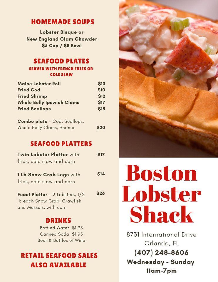 Menu at Boston Lobster Feast restaurant, Orlando, International Dr