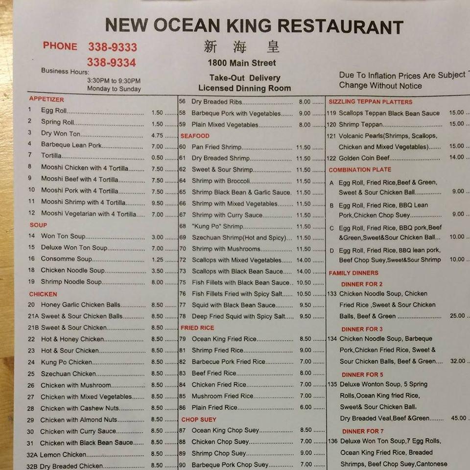 Menu at New Ocean King restaurant, Winnipeg