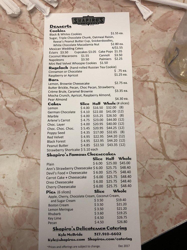 Menu at Shapiro's Delicatessen desserts, Indianapolis, 808 S Meridian St