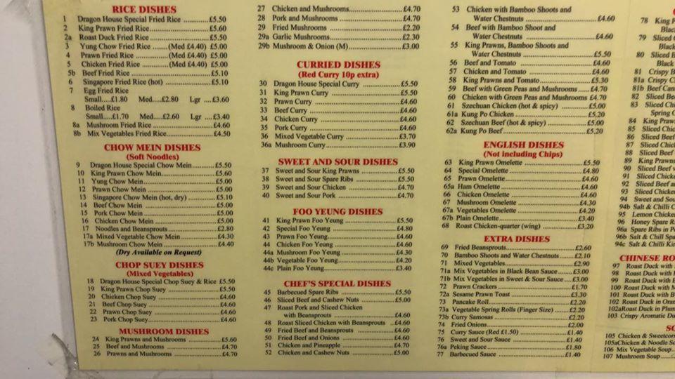 Menu at Dragon House fast food, Llanharan