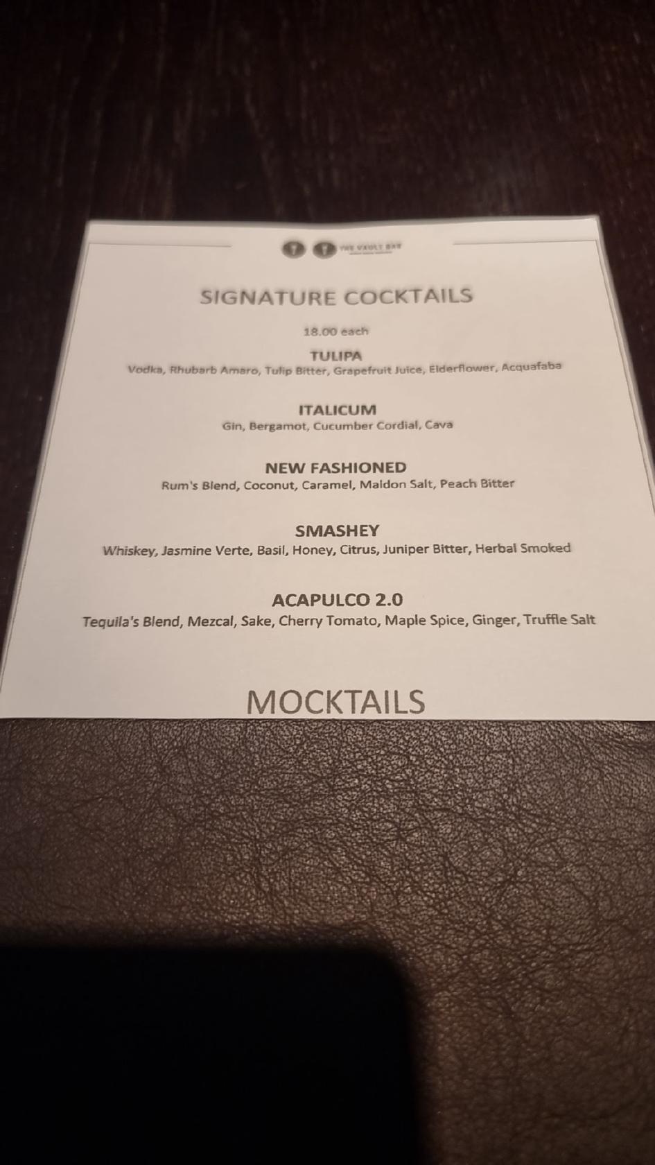 Menu at Vault Bar, Amsterdam