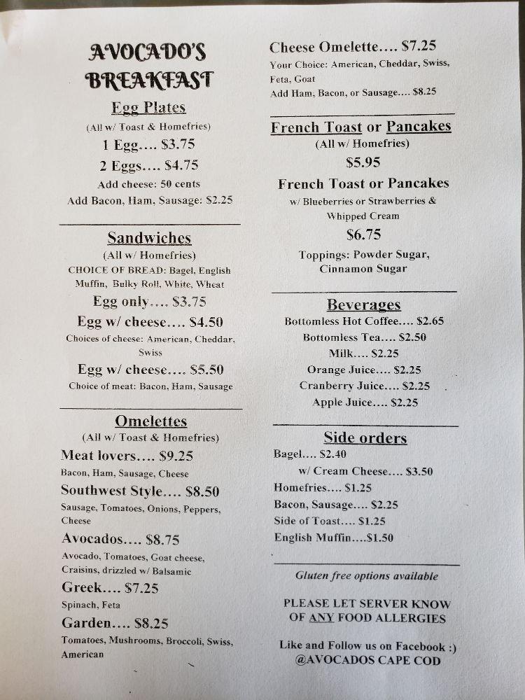 Menu at Avocados restaurant, Bourne