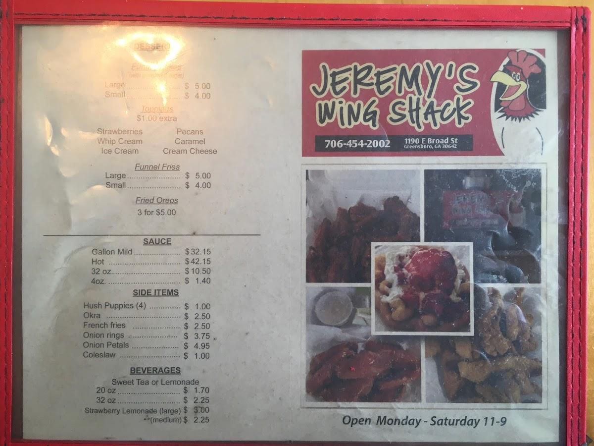 Menu at Jeremy's WingShack restaurant, Greensboro
