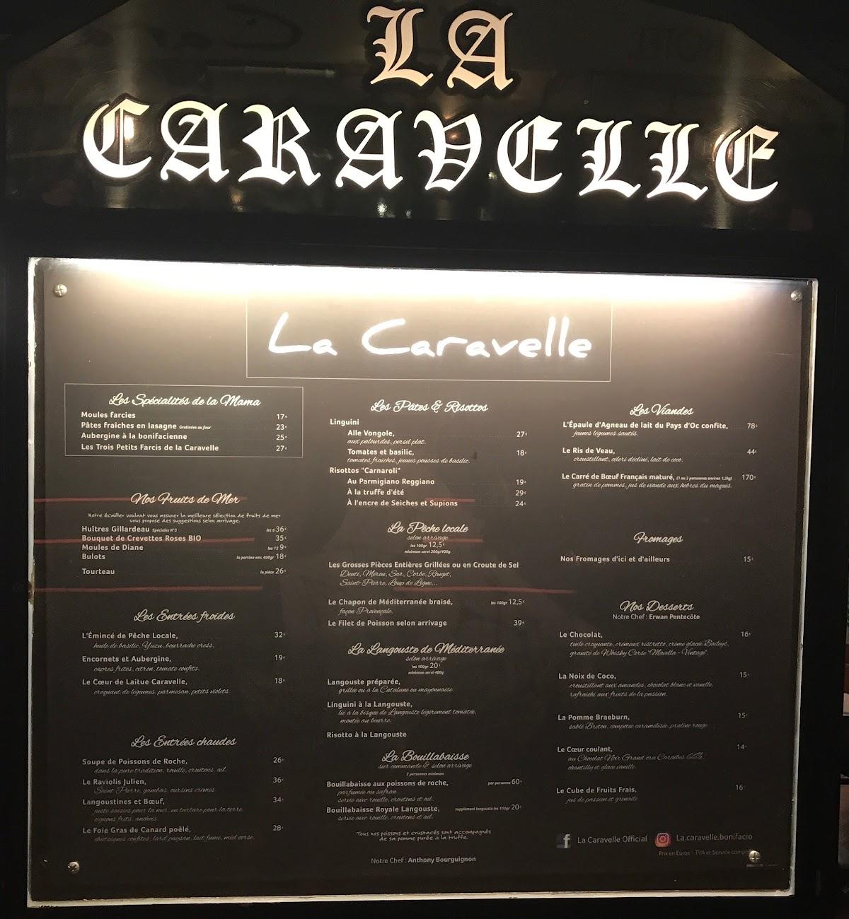 Carta del restaurante La Caravelle, Bonifacio, Quai Jérôme Comparetti