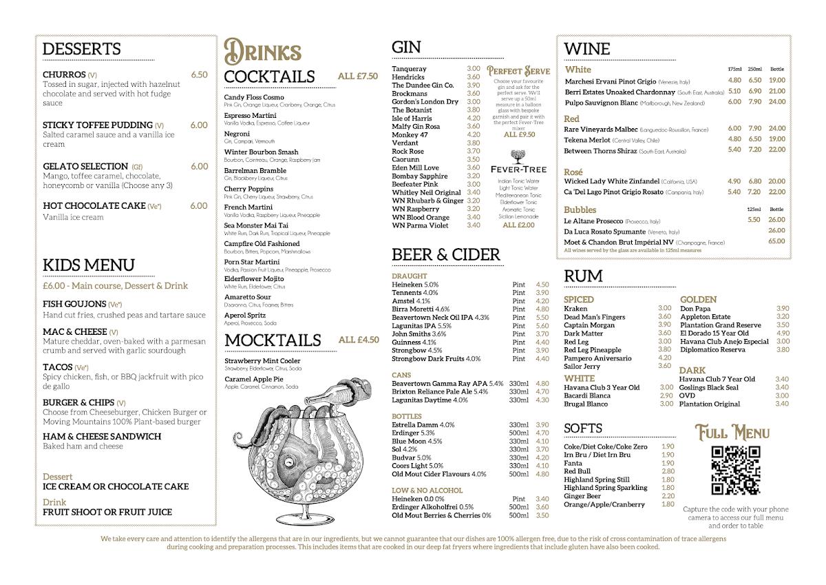 Menu at The Barrelman, Dundee