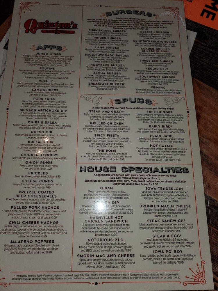 Menu at Quinton's Bar & Deli, Cedar Rapids