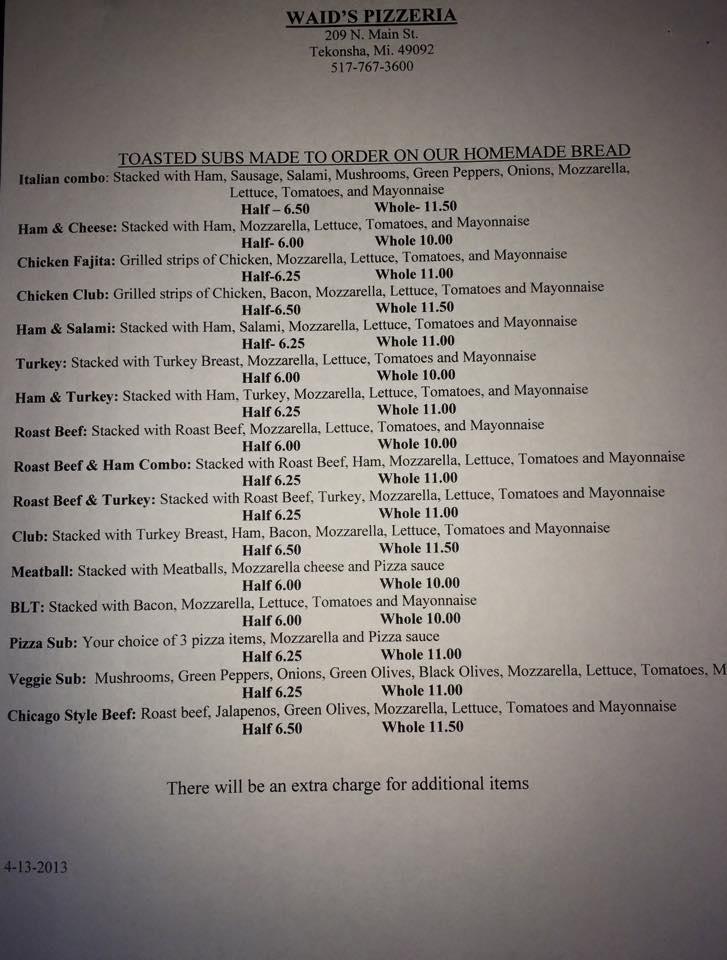 Menu at Waid's Pizzeria, Tekonsha