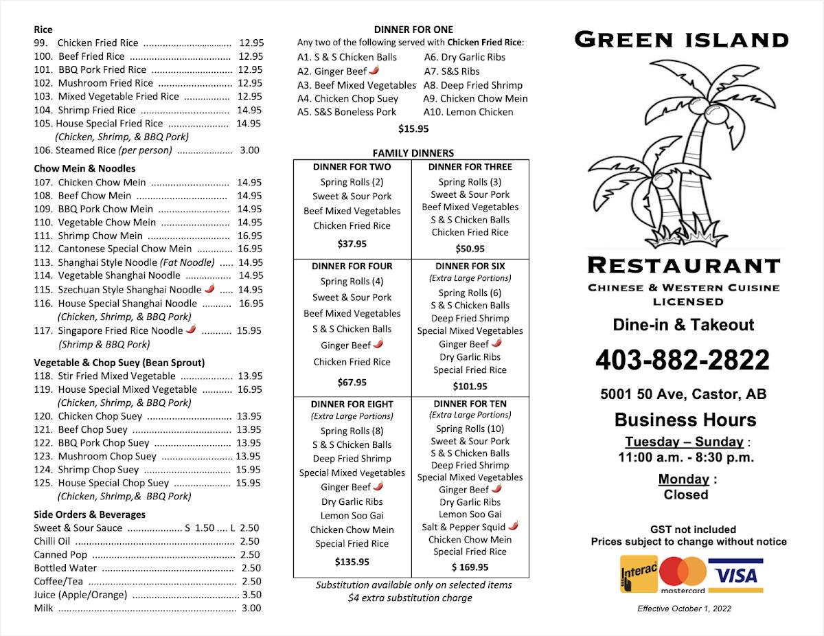 Menu at Green Island Restaurant, Castor