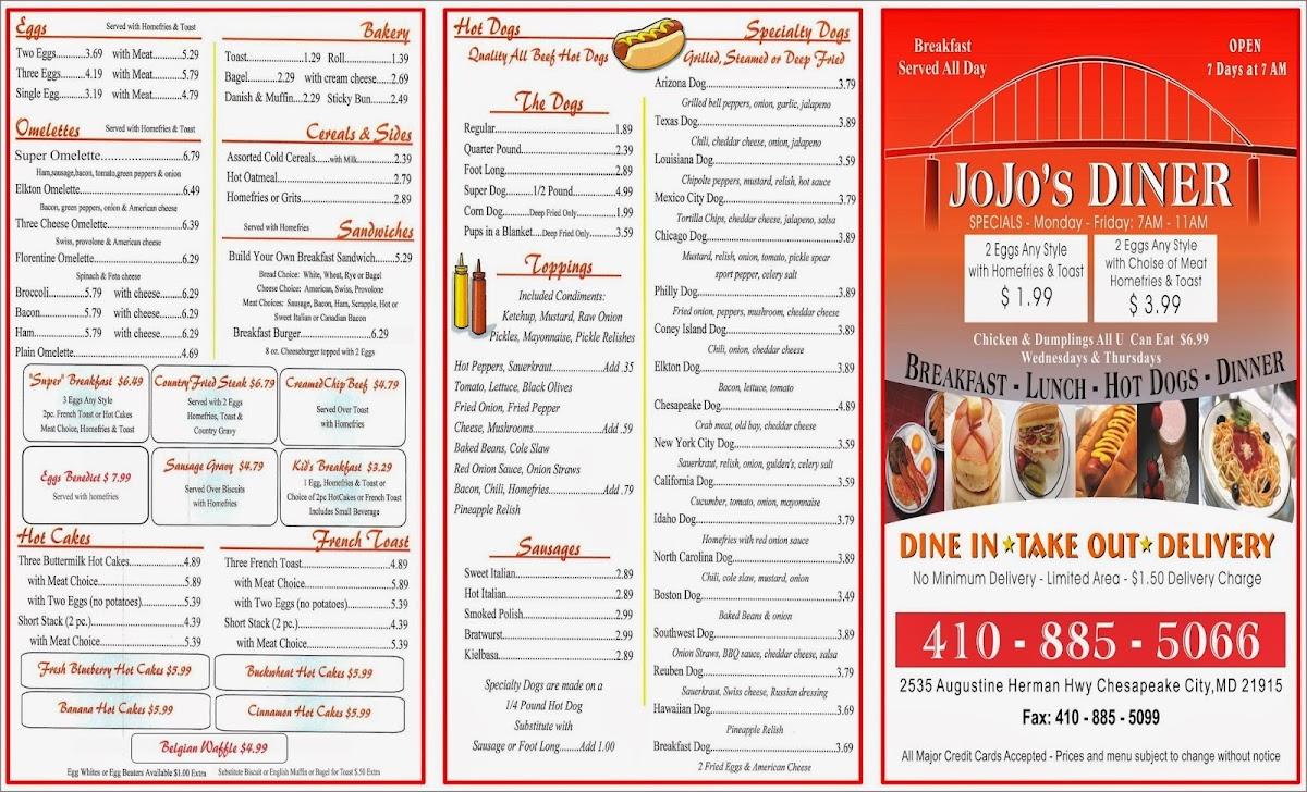 Menu at JOJO'S DINER restaurant, Chesapeake City