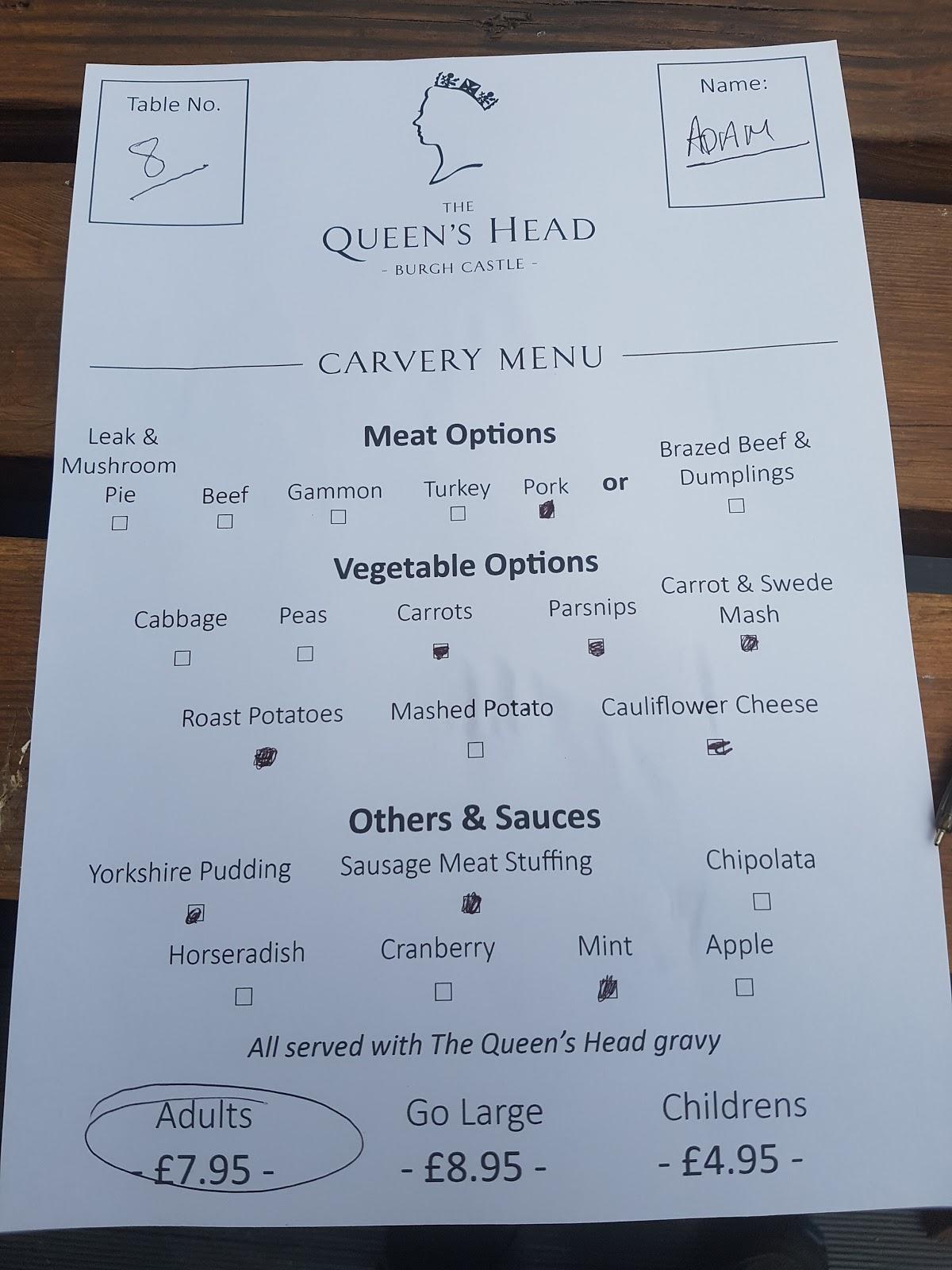 Menu At The Queens Head Pub & Bar, Great Yarmouth