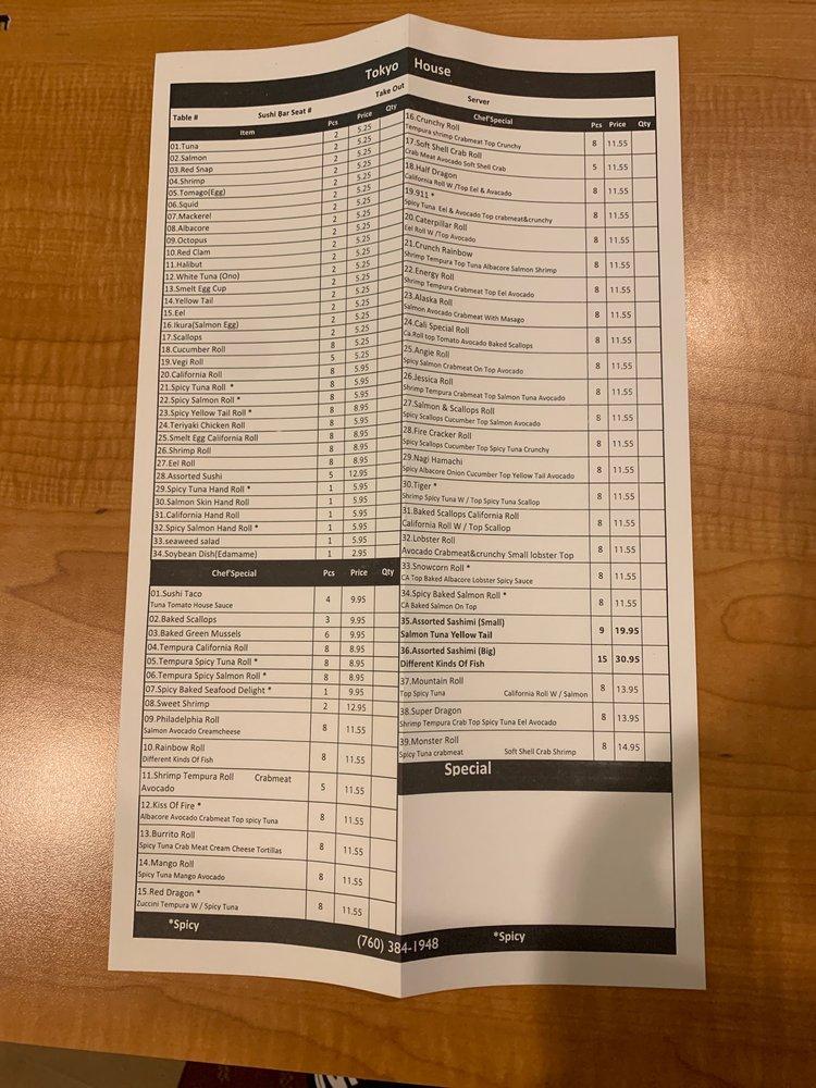Menu at Tokyo House Japanese Restaurant, Ridgecrest