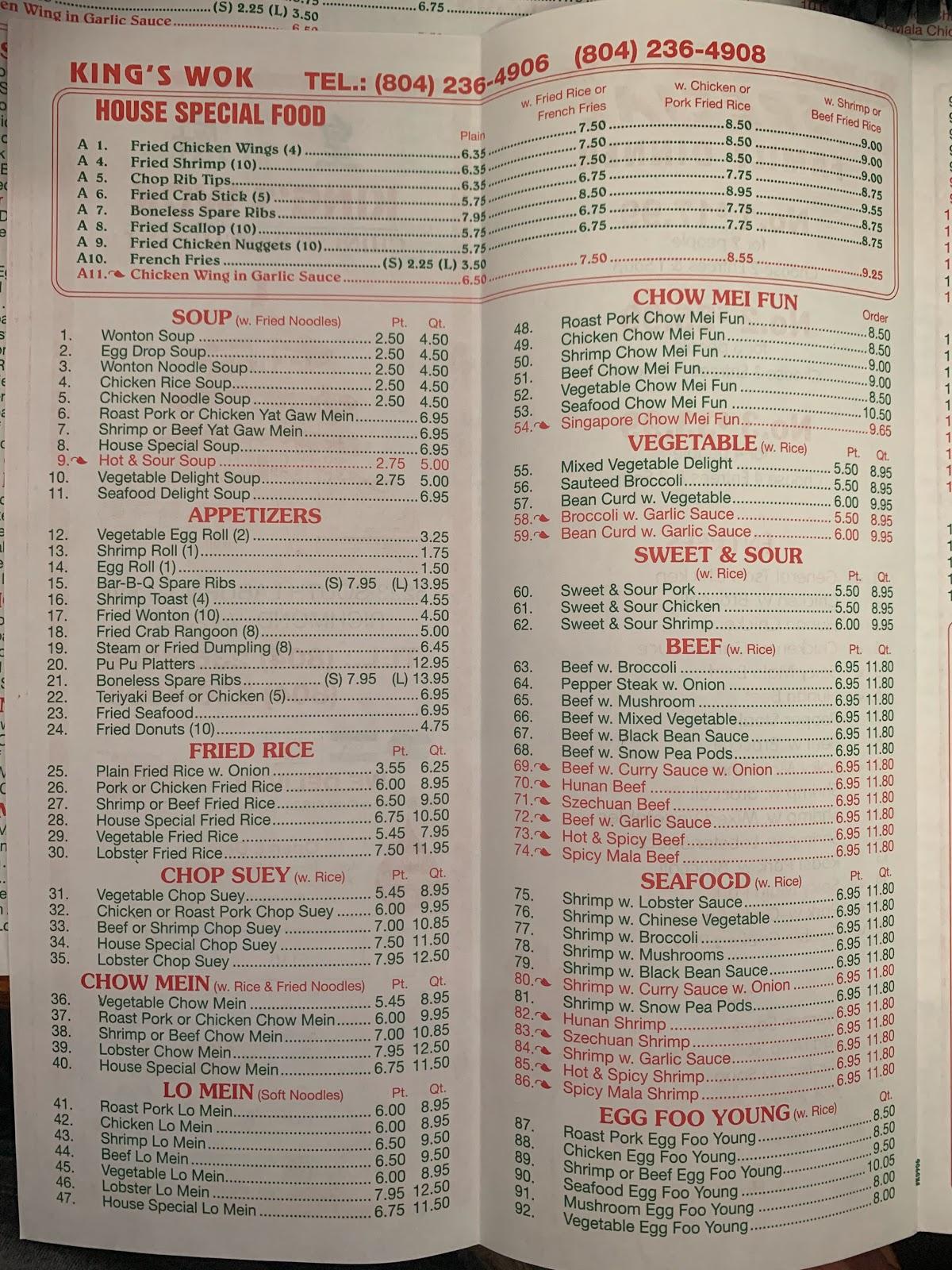 Menu at King's Wok restaurant, Richmond