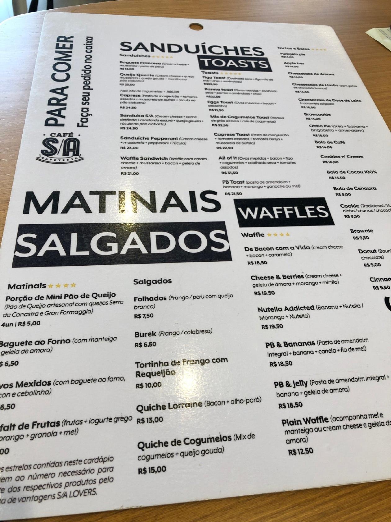 Cafe S/A Marista cardápio
