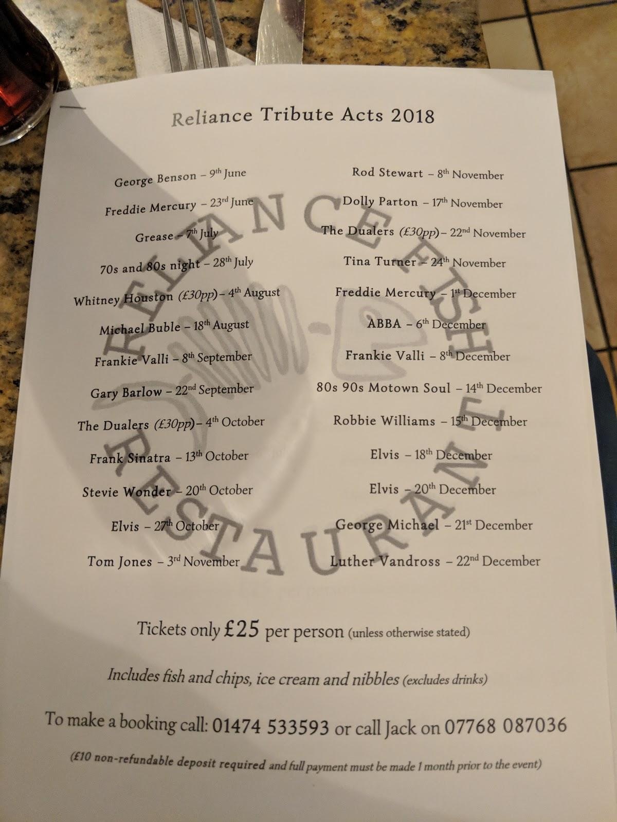Menu at Reliance Fish Restaurant Gravesend, Gravesend